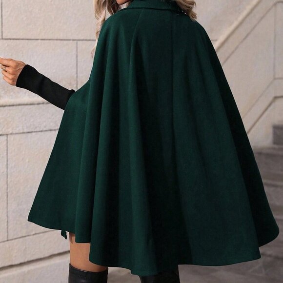 Dark Green Elegant Women's Double-Breasted Mid-Length Cape - Picture 3 of 7